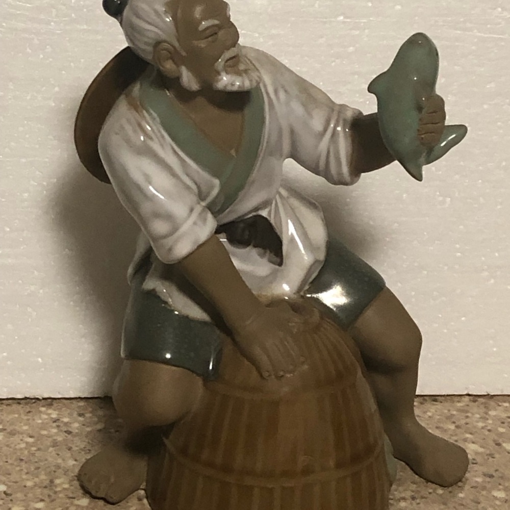 Vintage Asian/Japanese Shiwan Mudman Fisherman Figurine 7"